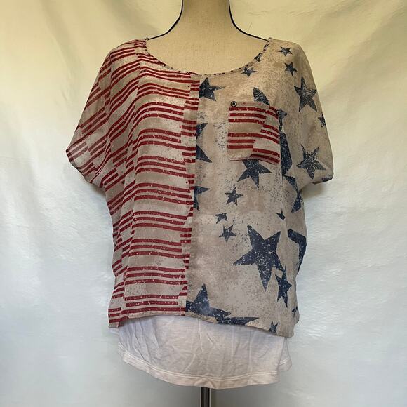 SUE WHO? Americana Womens Top Sz L Festival Stars Stripes Rhinestone Patchwork - Picture 13 of 13